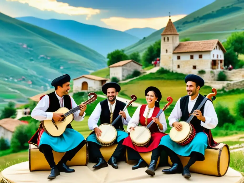 Un grupo de músicos tamburitzan actuando en un escenario rústico en un entorno de pueblo tradicional