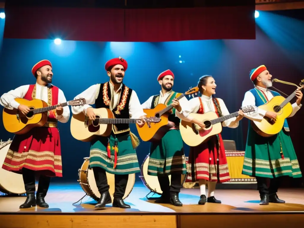 Grupo de músicos de tamburitzan actuando en un escenario con trajes tradicionales y cautivando al público con su pasión y habilidad