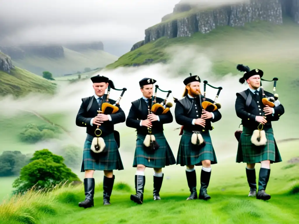 Grupo de músicos escoceses medievales tocando gaitas en un valle verde, rodeados de montañas brumosas