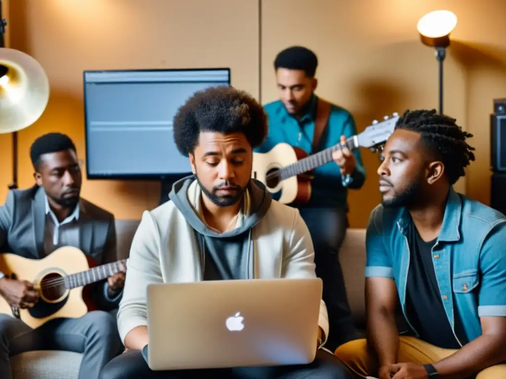 Músicos unidos vigilan con esperanza su campaña de financiamiento colectivo Un grupo de músicos diversos observa con esperanza y determinación una campaña de financiación de sus proyectos musicales innovadores en una laptop