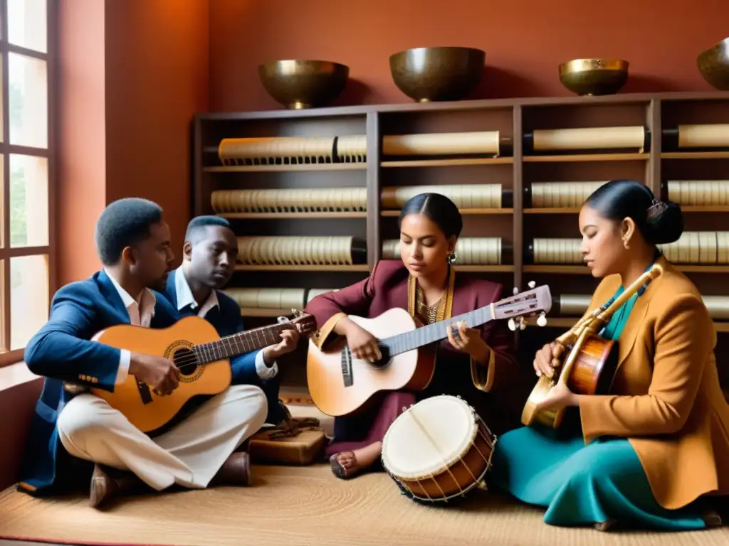 Un grupo de músicos étnicos tocan con pasión en una habitación cálida llena de historia y riqueza cultural