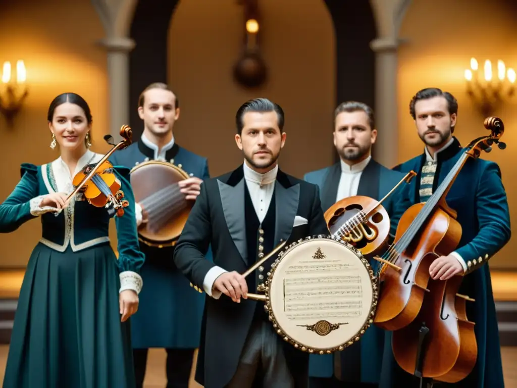 Un grupo de músicos europeos toca una Drehleier con pasión y destreza, luciendo trajes históricos detallados