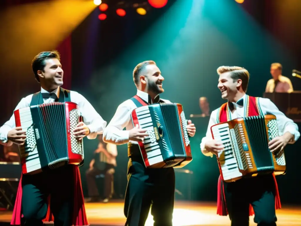 Un grupo de músicos europeos, vestidos con trajes tradicionales, tocan juntos el acordeón en el escenario mientras el público aplaude y disfruta del espectáculo, destacando la historia y relevancia cultural del acordeón