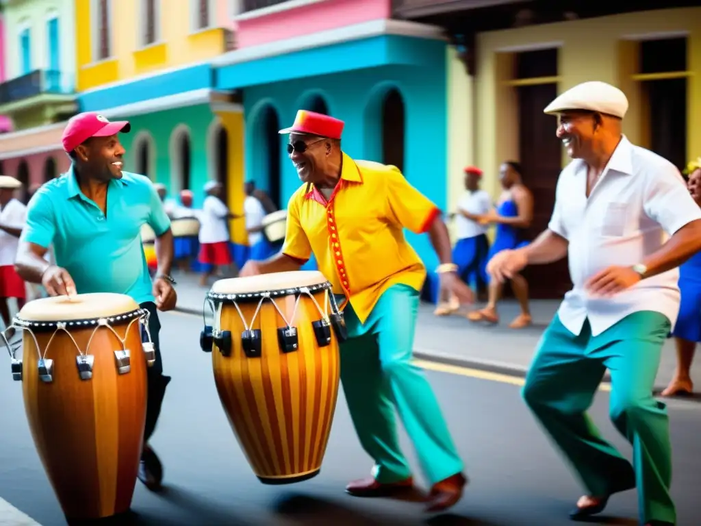 Grupo de músicos experimentados tocando congas caribeñas en festival callejero