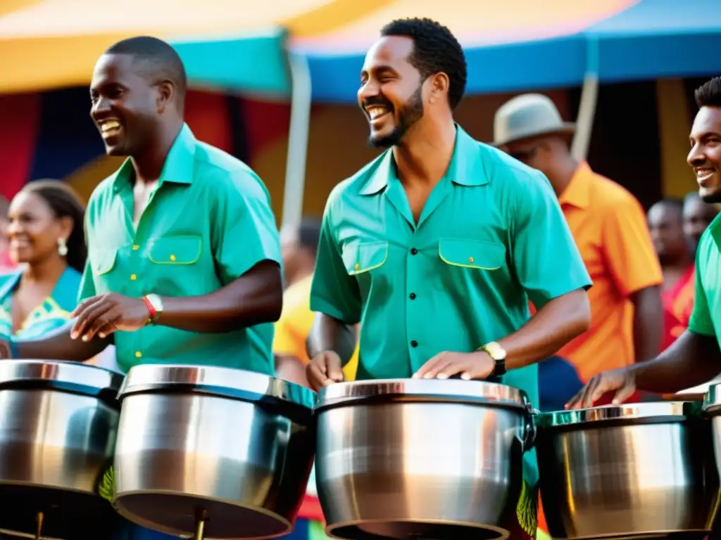 Un grupo de músicos expertos toca con pasión los tambores de acero en un festival caribeño vibrante