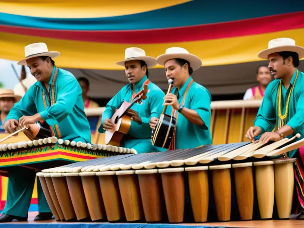 Grupo de músicos en el Festival de Música del Pacífico en Colombia tocando instrumentos tradicionales, en un escenario colorido con diseños indígenas, mientras el público disfruta de la vibrante actuación