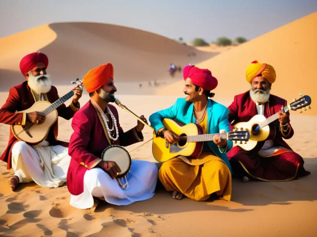 Grupo de músicos de festival en Rajastán tocando bajo el sol del desierto, rodeados de colores vibrantes y energía contagiosa