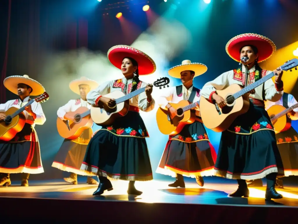 Grupo de músicos del Festival de Música Tradicional de Paracho tocando apasionadamente en trajes vibrantes, bajo la cálida luz del escenario