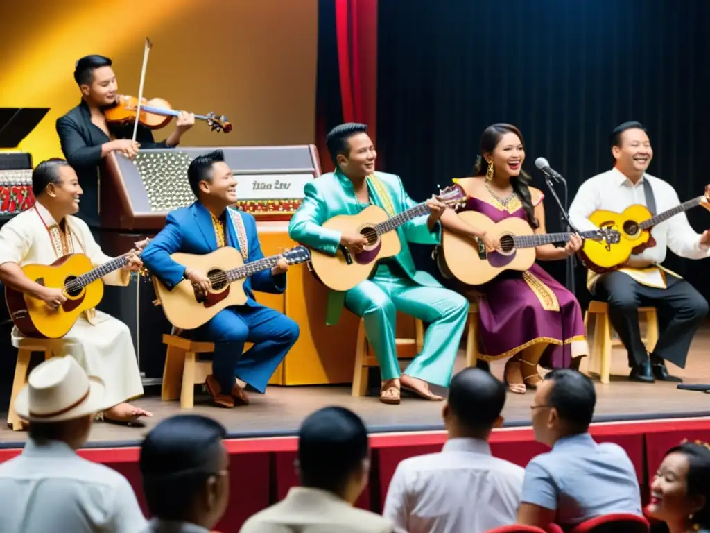 Grupo de músicos filipinos y diversa audiencia en vibrante escenario de música en EE