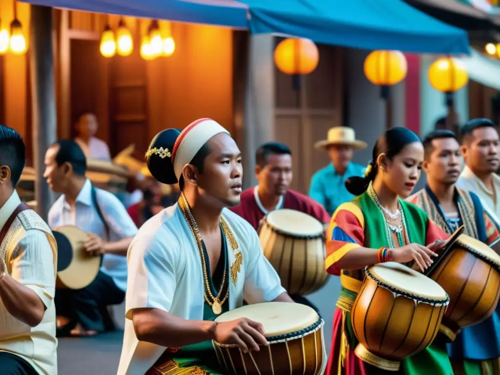 Grupo de músicos filipinos tocando música tradicional en las calles de Manila, con coloridos trajes tradicionales y entusiastas espectadores