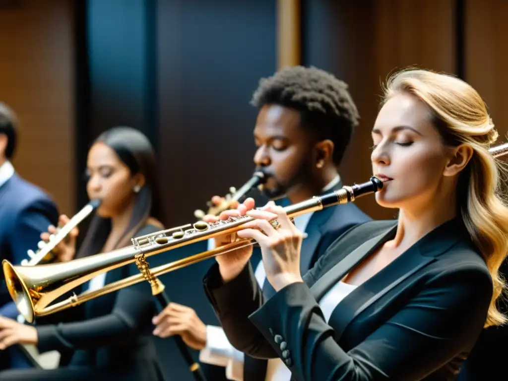 Un grupo de músicos toca la flauta traversa, el clarinete, el saxofón y el oboe con concentración y pasión en un estudio de música