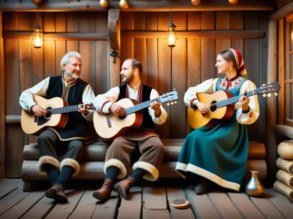 Un grupo de músicos tocan música folclórica rusa con balalaikas y otros instrumentos tradicionales en un ambiente rústico