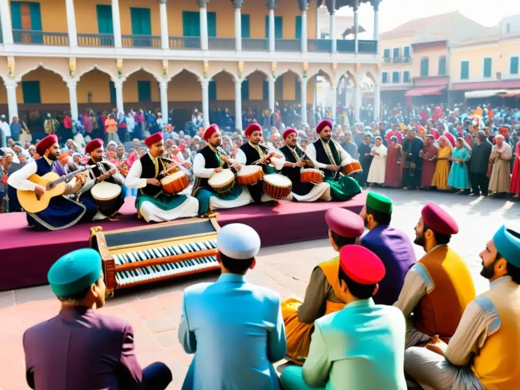Dulzaina: Música Tradicional en la Plaza Grupo de músicos folclóricos tocando la dulzaina en una plaza animada