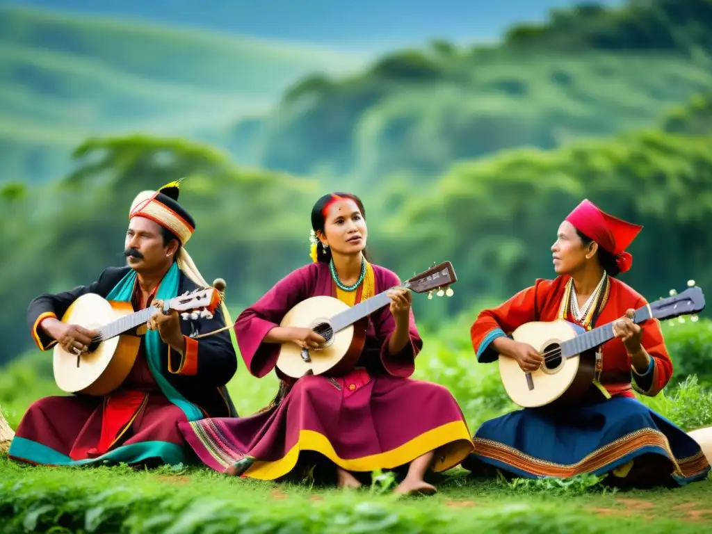 Un grupo de músicos folclóricos tocan sus instrumentos bajo el cielo abierto, rodeados de exuberante vegetación y atuendos coloridos