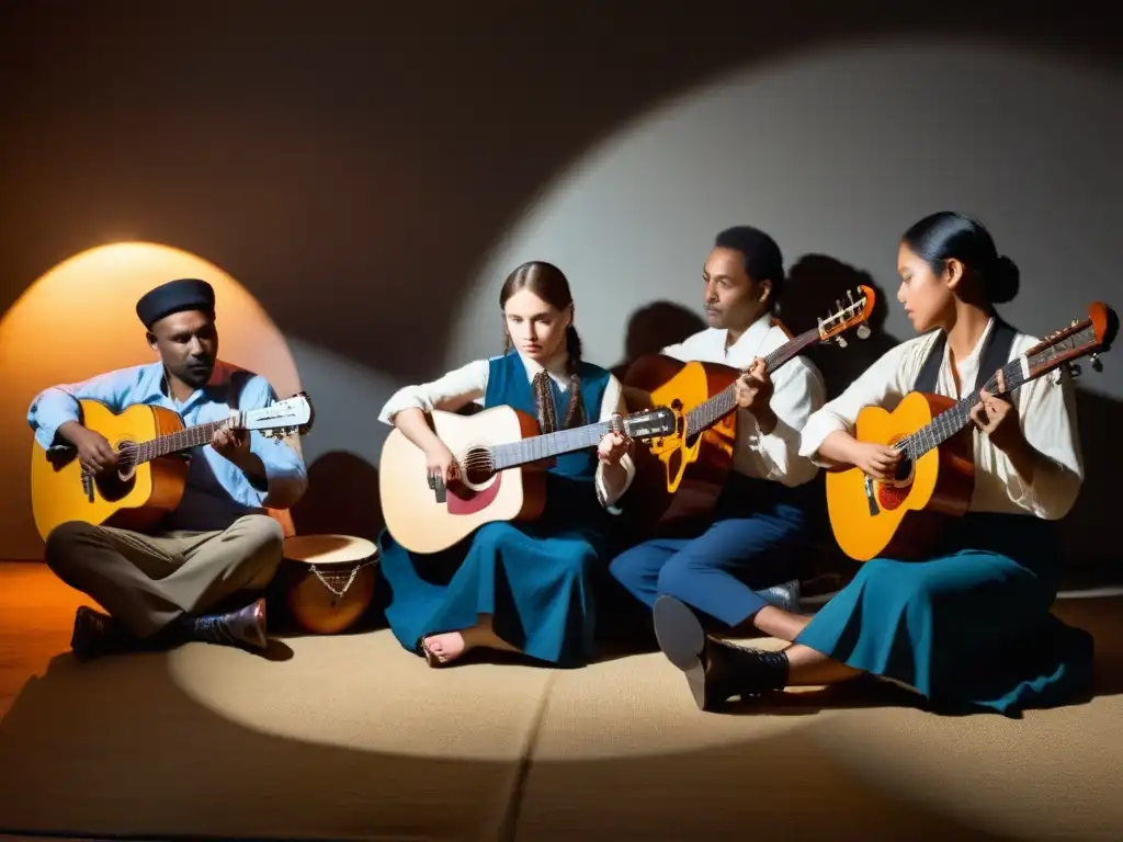 Un grupo de músicos folclóricos improvisando con pasión en un ambiente íntimo y lleno de historia