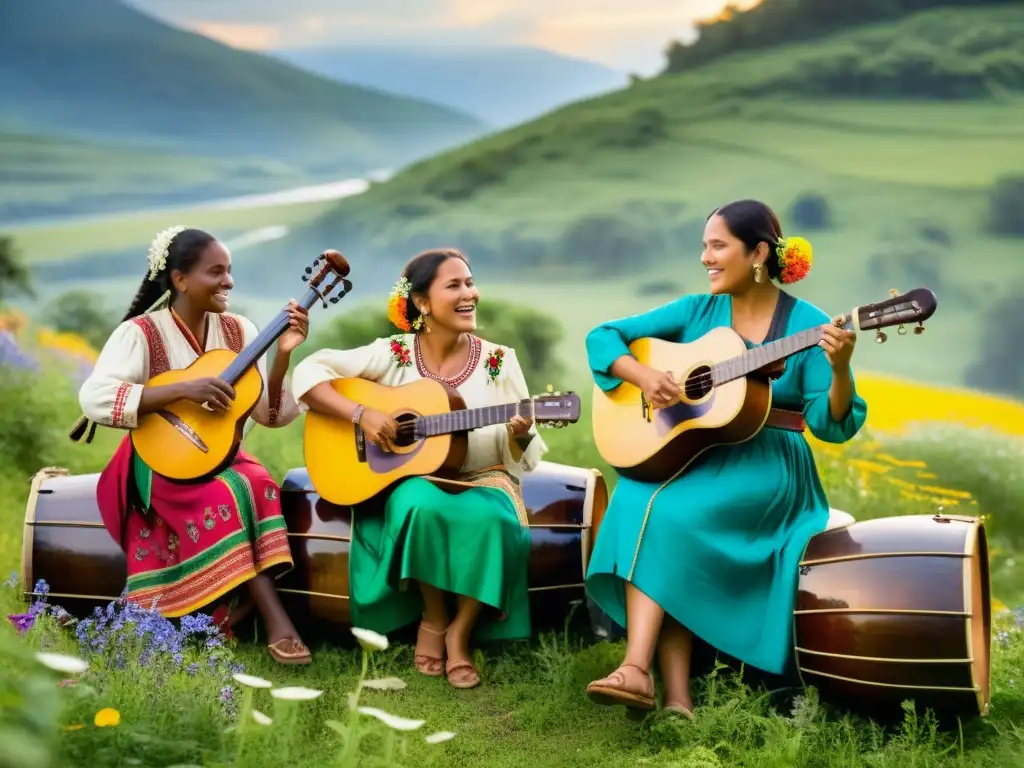 Grupo de músicos folclóricos tocando con pasión en entorno rural, envueltos en narrativa social música folclórica