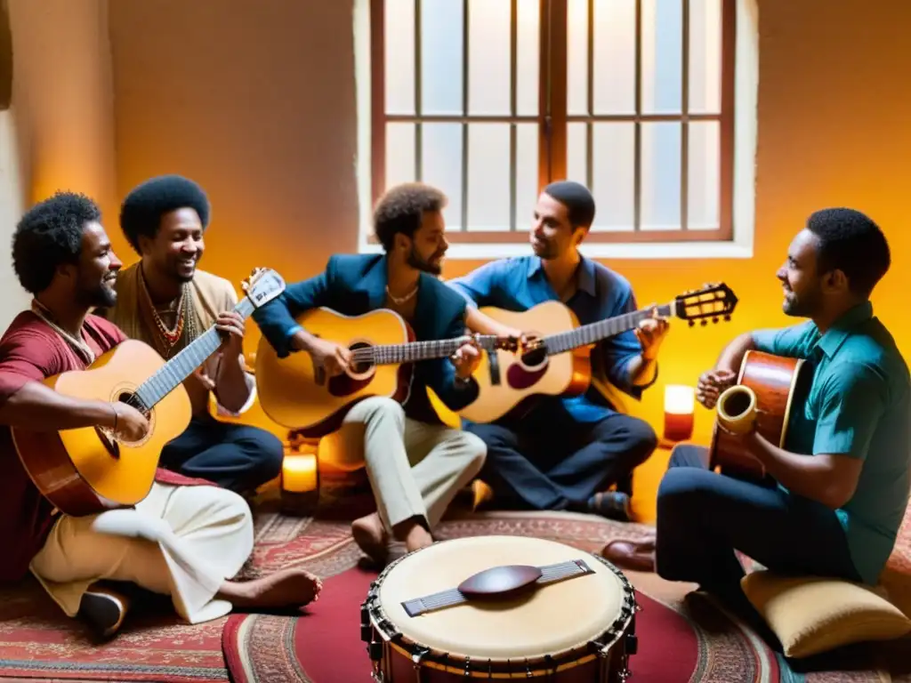 Grupo de músicos improvisando en folklore con guitarras, tamboriles y flautas, inmersos en una sesión llena de pasión al atardecer