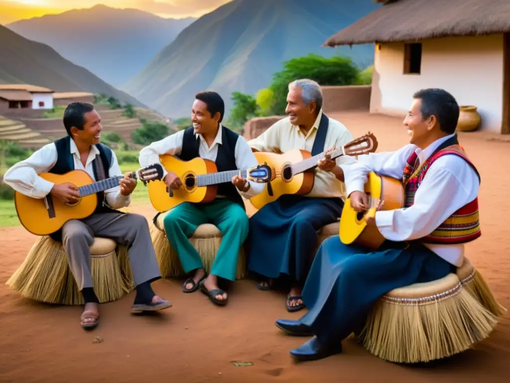 Un grupo de músicos improvisa en el folklore musical andino, entre montañas al atardecer