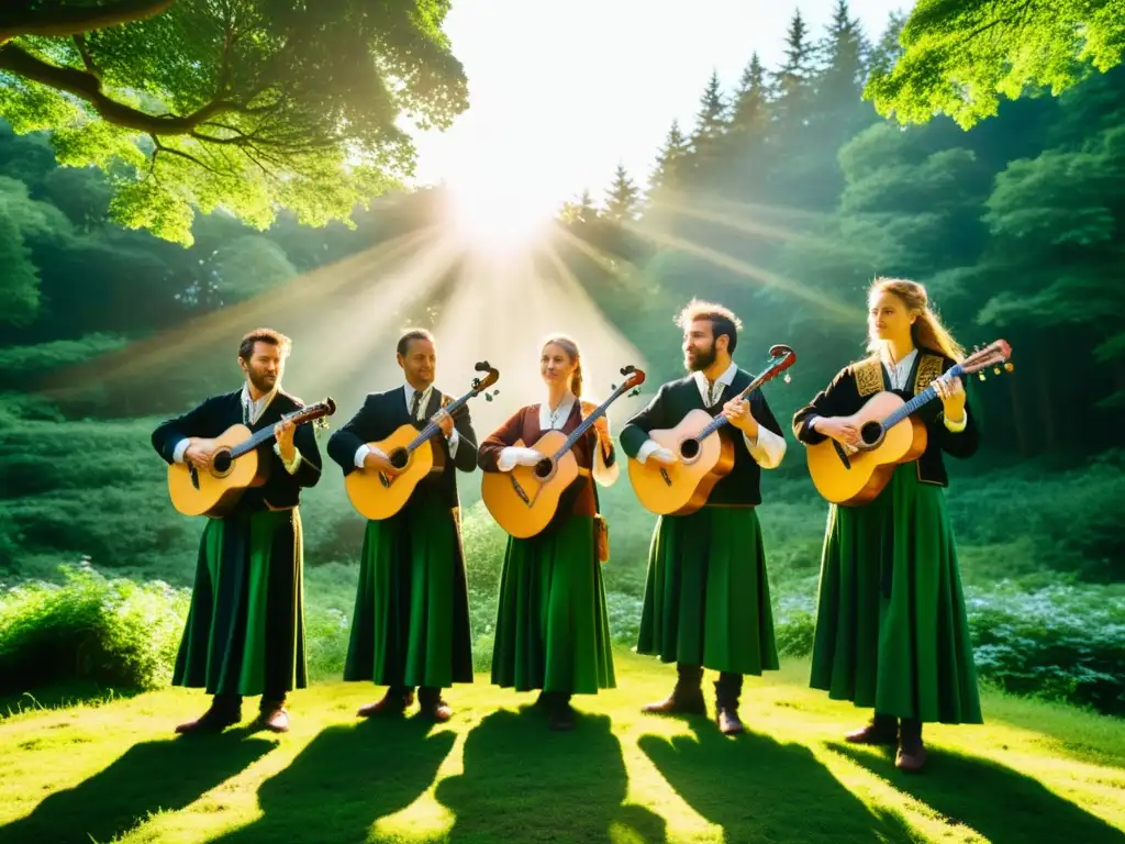 Grupo de músicos tocando la gaita celta en un bosque verde, evocando ritos celtas