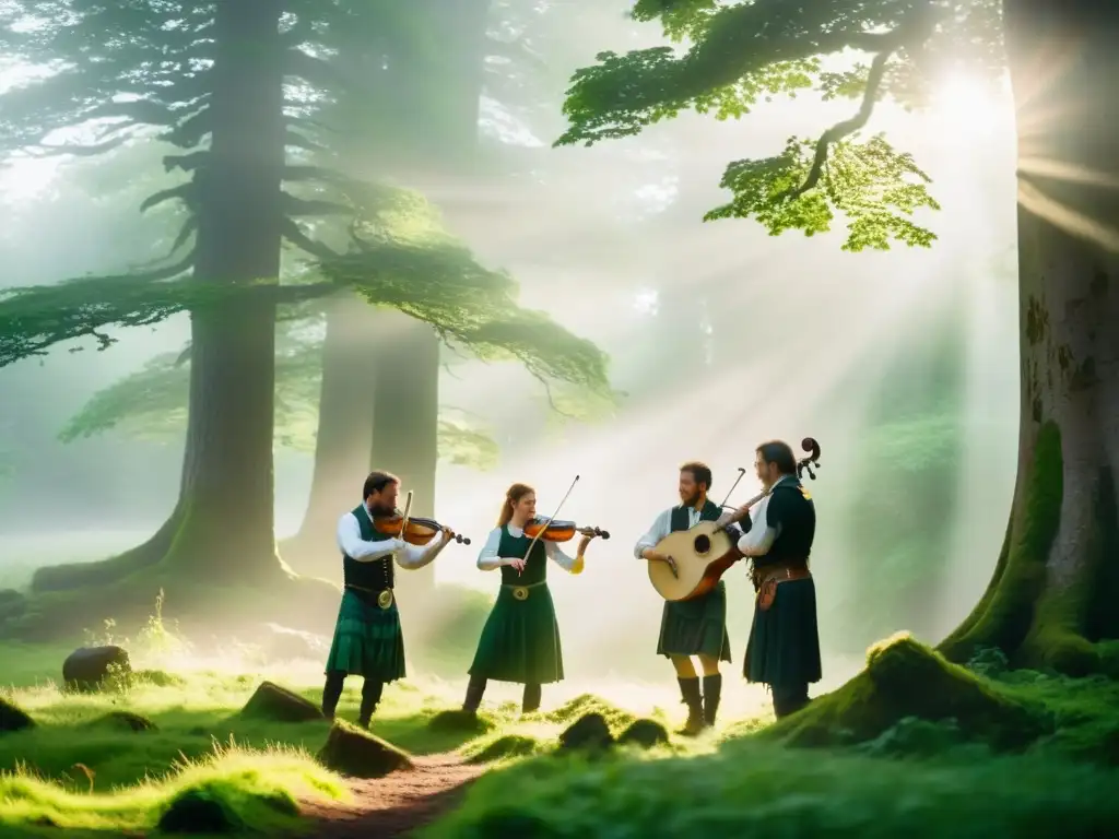 Grupo de músicos tocando la gaita en ritos celtas en un bosque místico entre árboles antiguos y luz suave