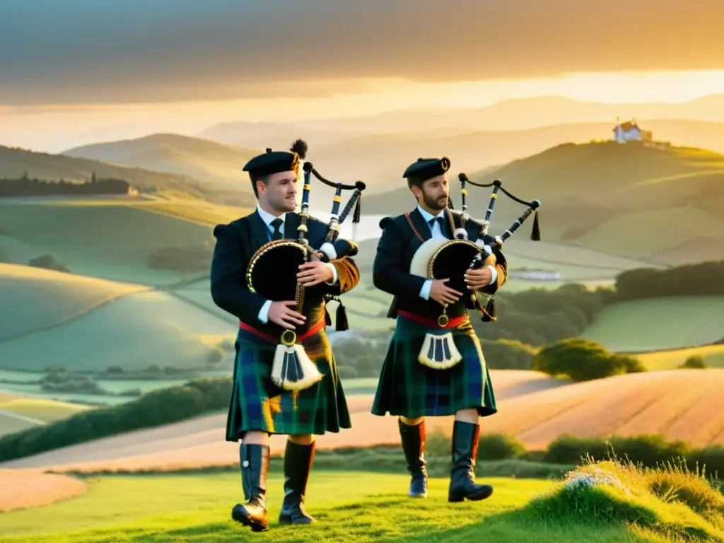 Grupo de músicos tocando gaitas gallegas al atardecer, resaltando el origen y evolución de la gaita gallega en la hermosa campiña gallega