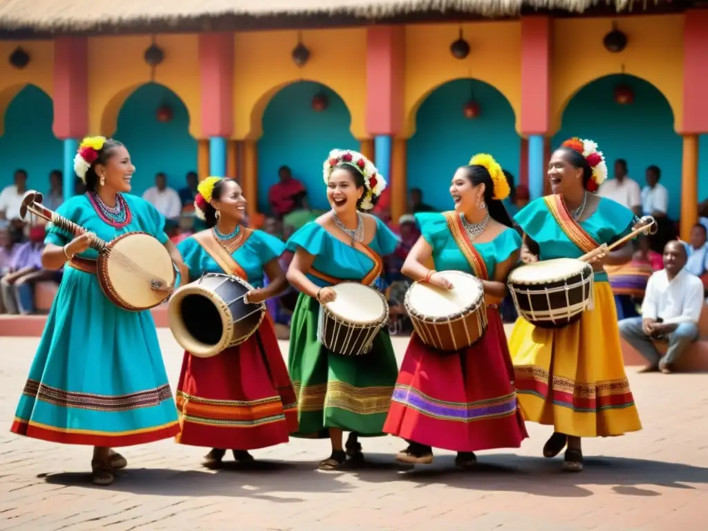 Grupo de músicos tocando gaitas en una plaza colorida, con bailarines entusiastas