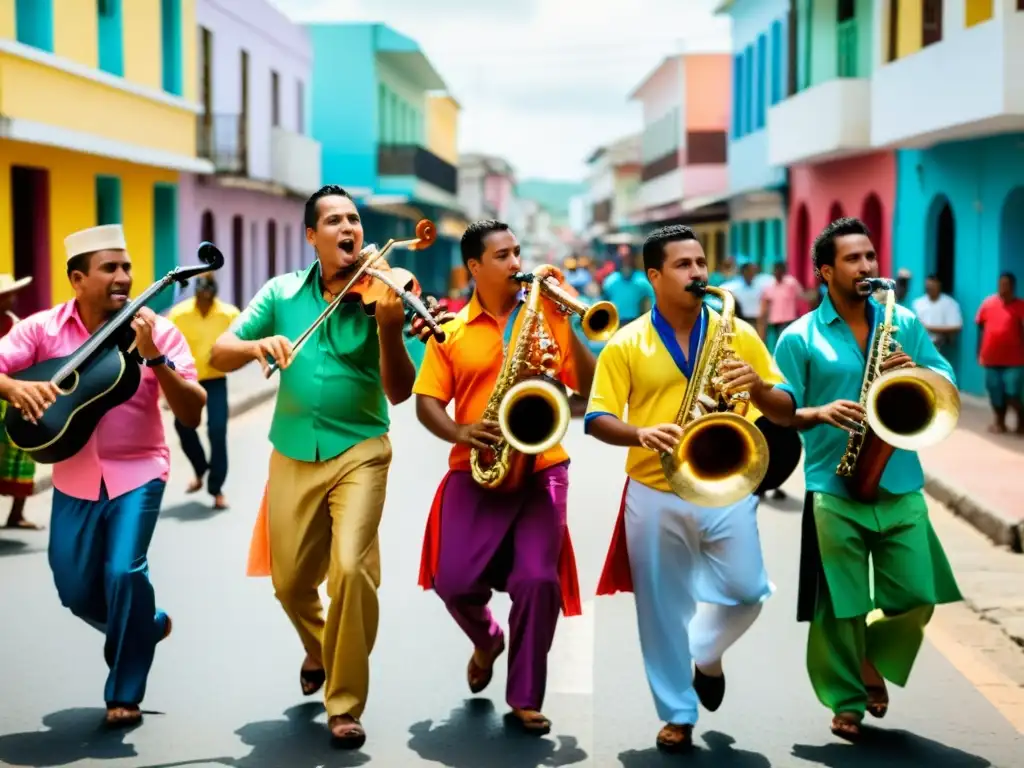 Un grupo de músicos toca Gaitas Zulianas en las festivas calles de Maracaibo, Venezuela, en una colorida celebración de la tradición venezolana