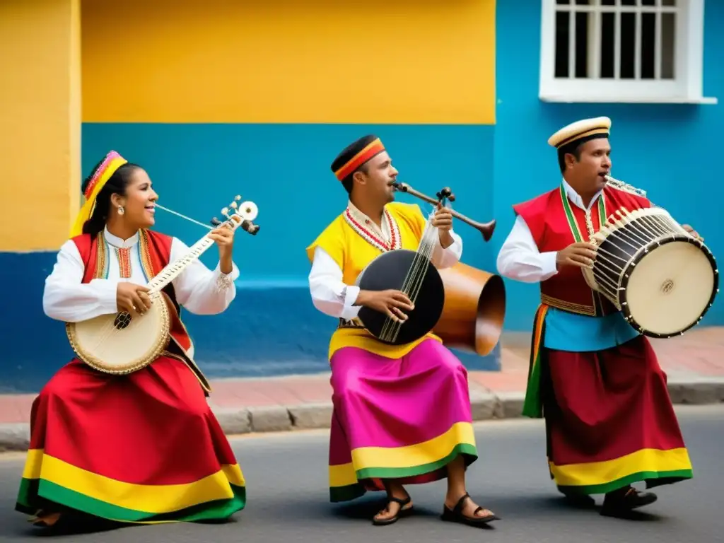 Grupo de músicos tocando Gaitas Zulianas en las coloridas calles de Maracaibo, Venezuela, expresando la rica tradición cultural y festiva de la Gaitas Zulianas tradición venezolana