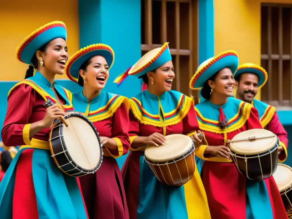 Grupo de músicos tocando Gaitas Zulianas, reflejando la festiva tradición venezolana con coloridos trajes y alegría contagiosa