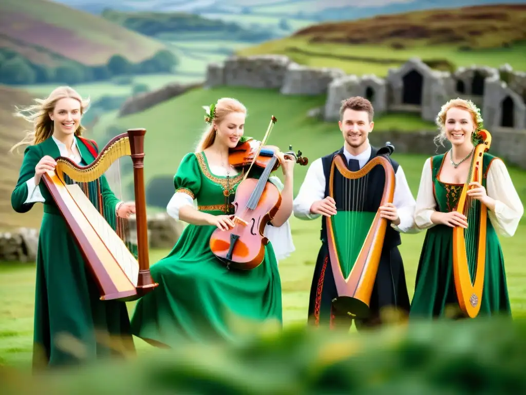 Grupo de músicos galeses tocando instrumentos tradicionales en el Festival de la Canción de Eisteddfod, con trajes coloridos y escenario celta