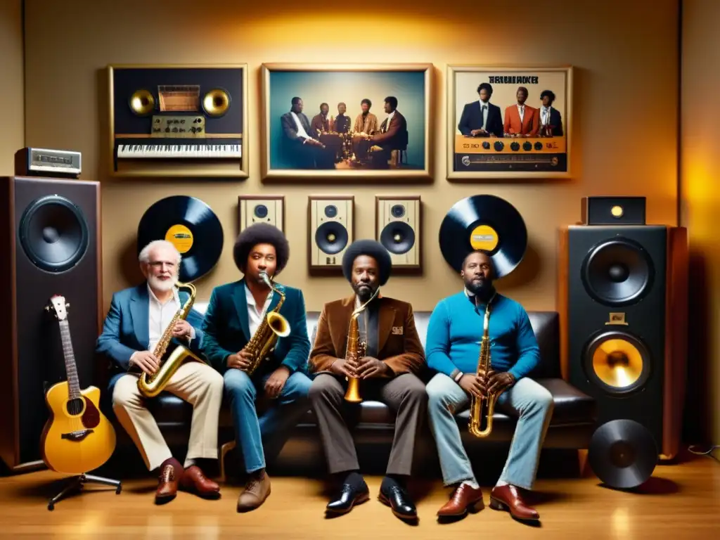 Grupo de músicos de distintas generaciones colaborando en estudio de grabación, preservando el legado musical