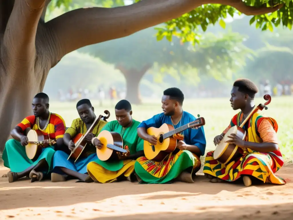 Un grupo de músicos ghaneses toca el Seperewa bajo un árbol, con ropa tradicional y naturaleza exuberante