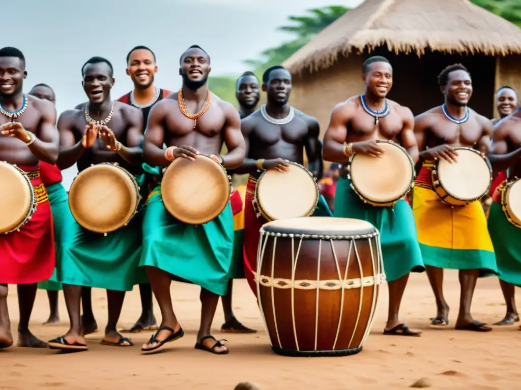 Grupo de músicos ghaneses interpretando ritmos tradicionales con un tambor de doble cara, envueltos en vibrante vestimenta tradicional