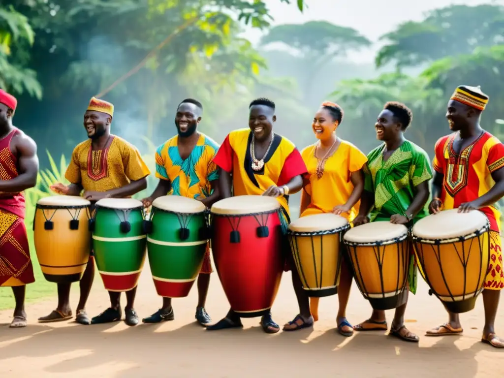 Grupo de músicos ghaneses tocan tambores Kpanlogo con pasión y energía, vistiendo trajes tradicionales