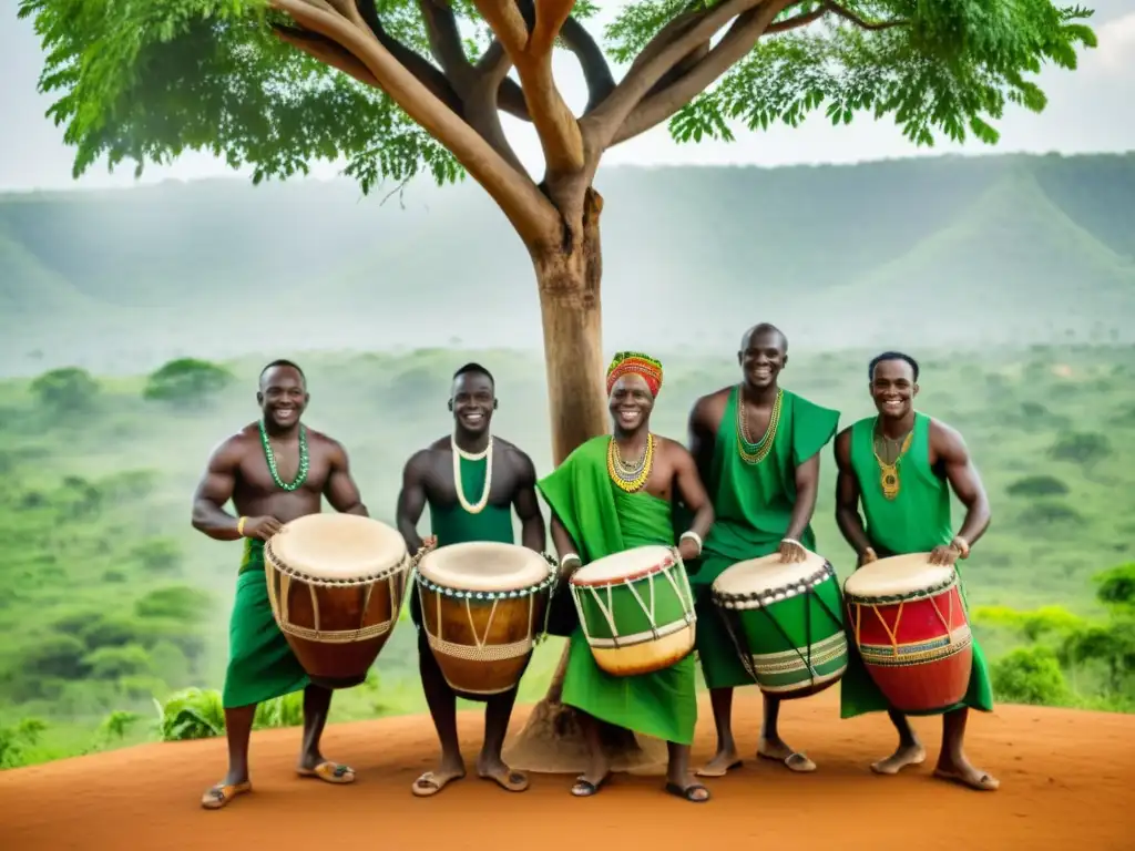 Grupo de músicos ghaneses tocan tambores tradicionales y bailan alrededor de un árbol de moringa