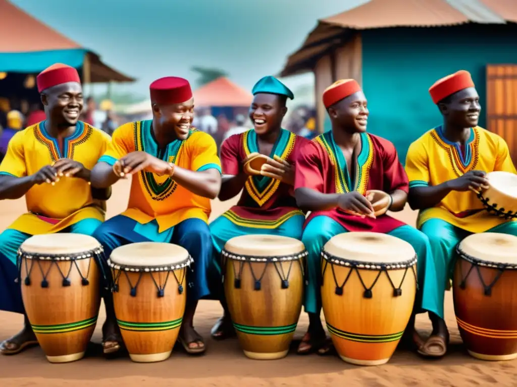 Grupo de músicos ghaneses tocando tambores Kpanlogo en un mercado bullicioso, capturando la historia y sonido del Kpanlogo