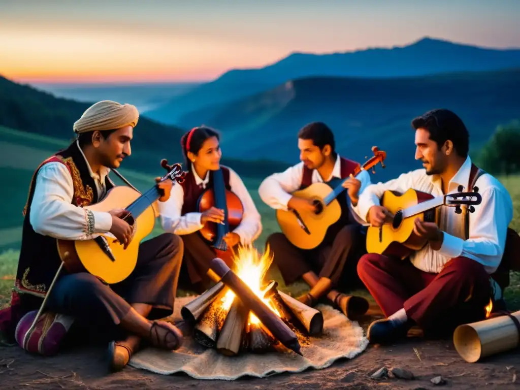 Grupo de músicos gitanos tocando instrumentos tradicionales alrededor de una fogata bajo el cielo nocturno