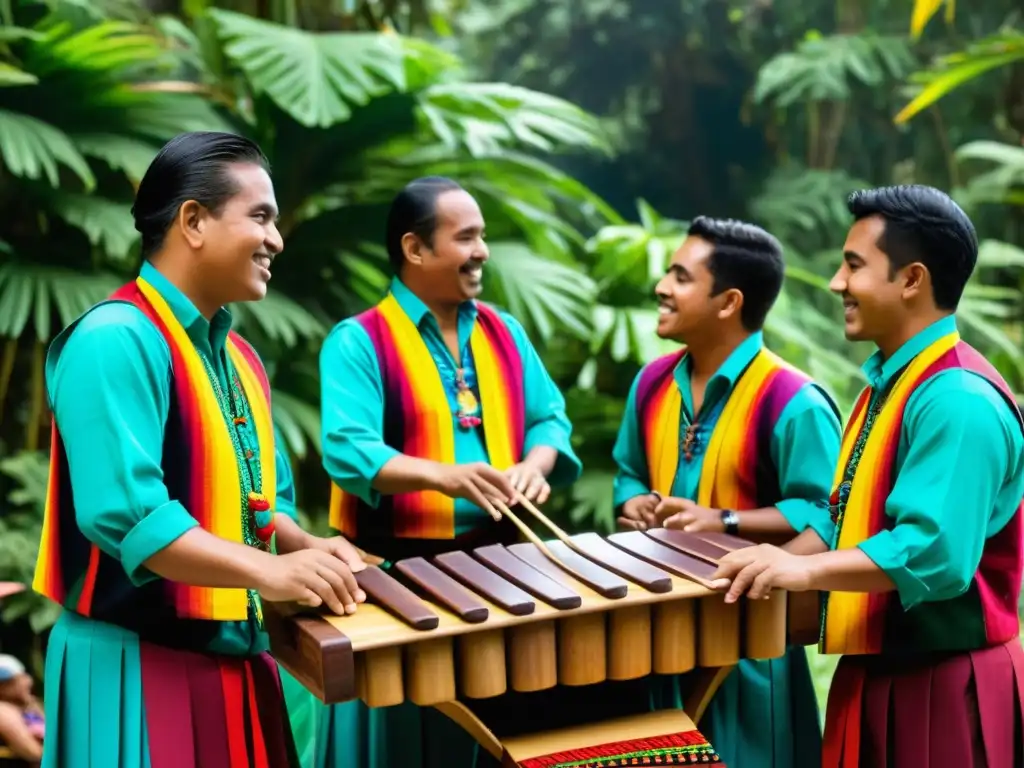 Un grupo de músicos guatemaltecos toca la marimba en un entorno natural, evocando la rica historia y resonancia de la marimba en Guatemala