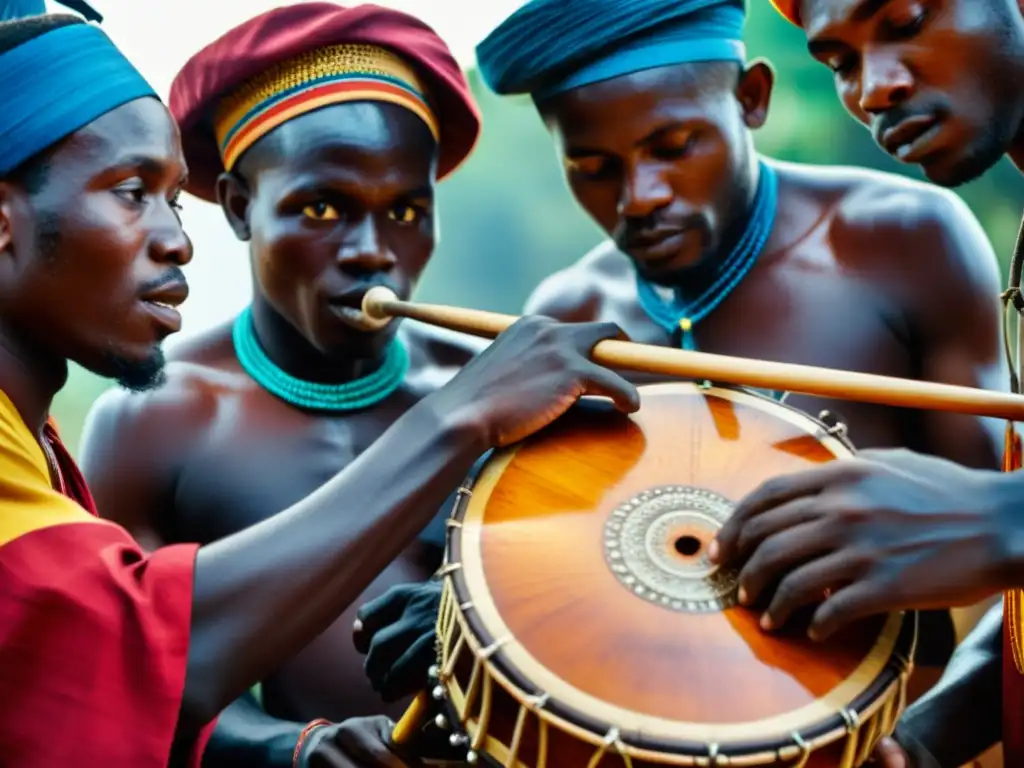 Grupo de músicos guineanos tocando el karinyan, instrumento tradicional, con expresiones intensas