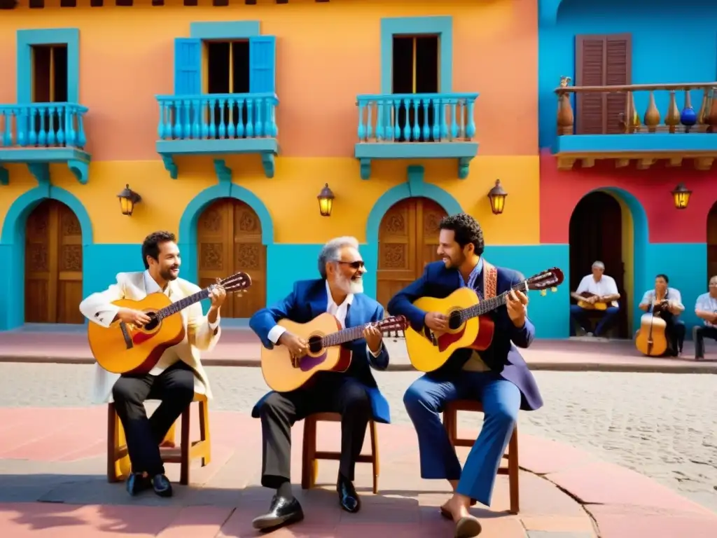 Un grupo de músicos tocando guitarras españolas y castañuelas en una plaza animada, rodeados de edificios coloridos y espectadores entusiastas