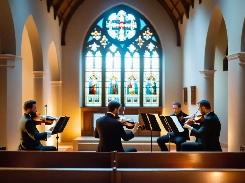 Un grupo de músicos hábiles toca el salterio en una iglesia histórica, con luz natural cálida que realza los detalles de los instrumentos