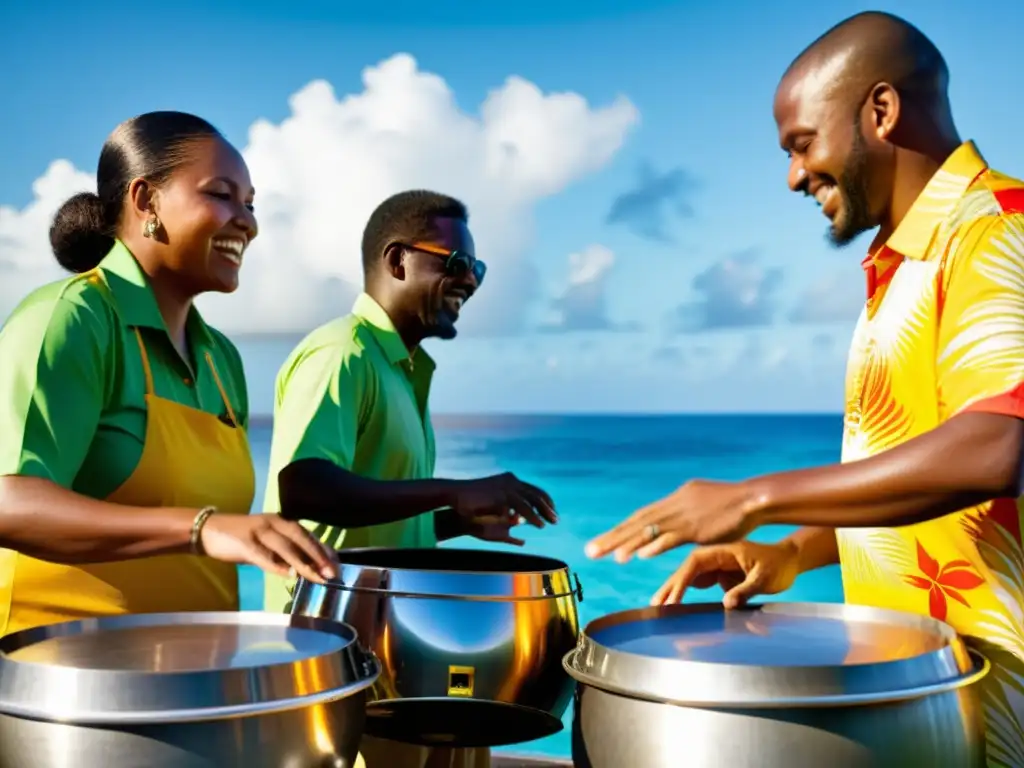 Un grupo de músicos hábiles toca los tambores de acero bajo el vibrante sol caribeño, reflejando la evolución del steelpan