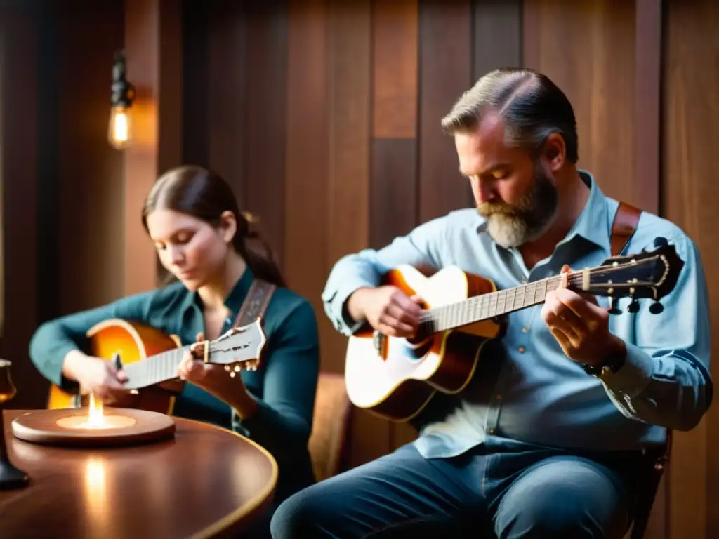 Un grupo de músicos habilidosos de bluegrass tocando mandolina en un estudio acogedor y tenue