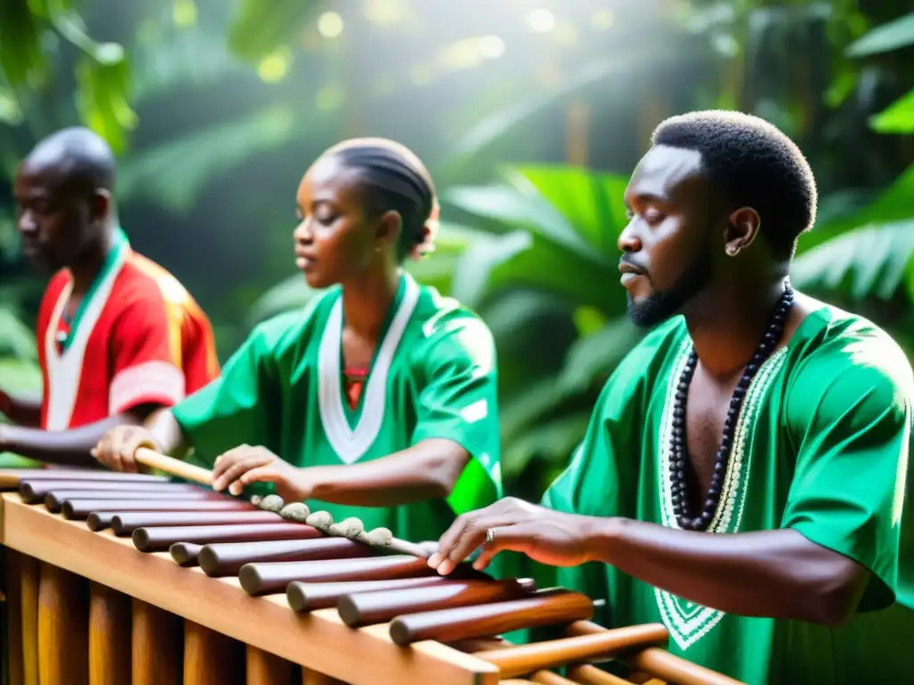 Un grupo de músicos habilidosos toca marimbas africanas en la selva, vistiendo ropa vibrante