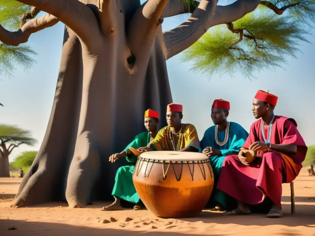 Grupo de músicos Hausa tocando el kalangu bajo un baobab en África, capturando ritmos del kalangu en la naturaleza africana