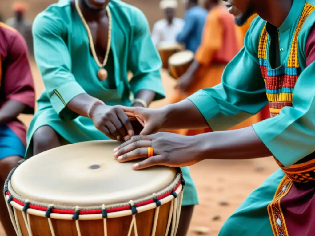 Grupo de músicos Hausa tocando el tambor kalangu en un entorno tradicional, con ropa vibrante y ritmos intensos