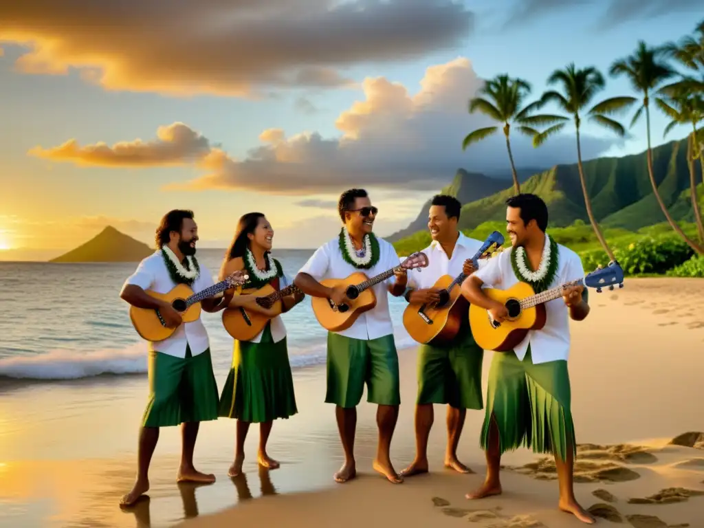 Un grupo de músicos hawaianos toca el ukelele en la playa al atardecer, rodeados de palmeras