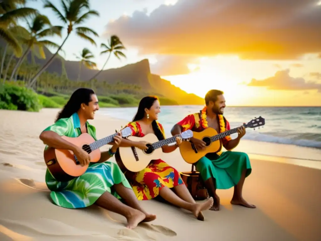 Grupo de músicos hawaianos tocando ukuleles en la playa al atardecer, reflejando los orígenes y evolución del ukulele en Hawai