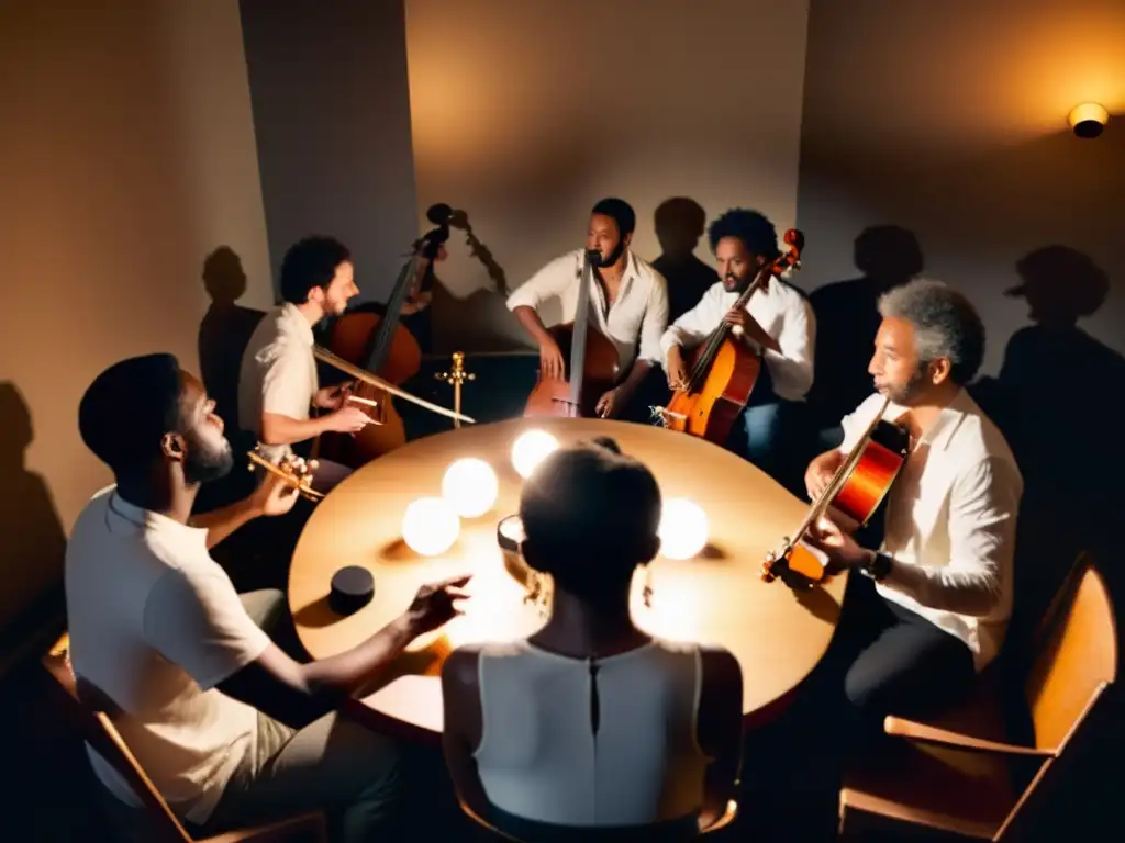 Un grupo de músicos en una improvisación, con instrumentos diversos en una atmósfera de colaboración y energía creativa