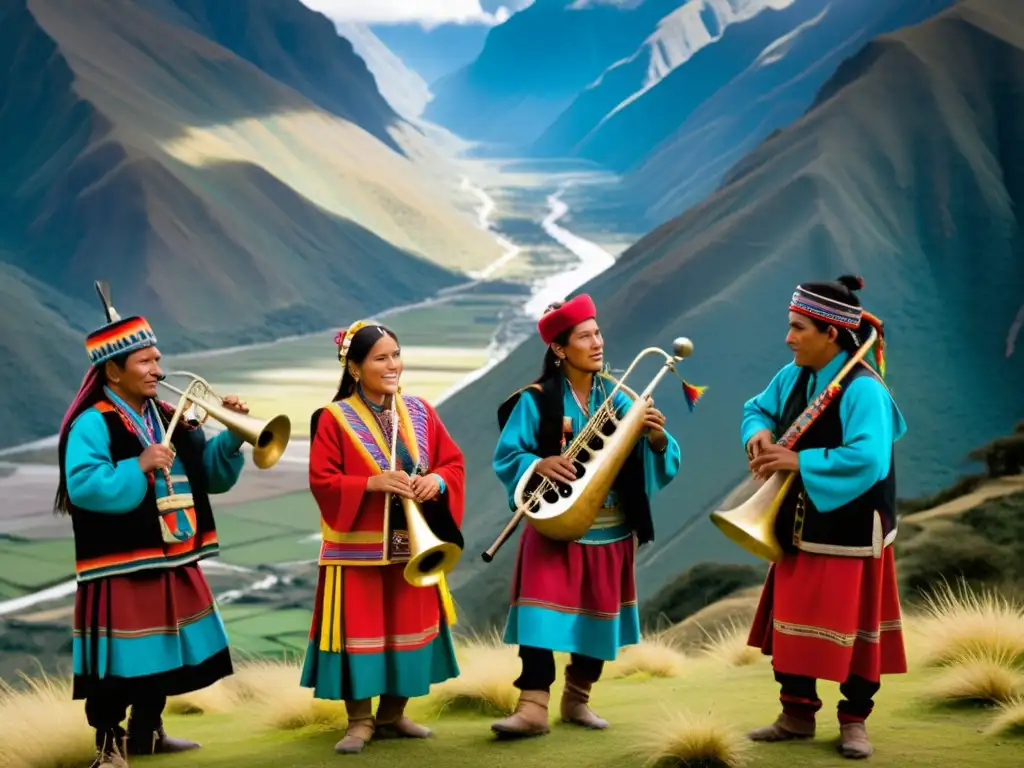 Un grupo de músicos incas vistiendo trajes tradicionales, tocando zampoñas, en medio de los Andes